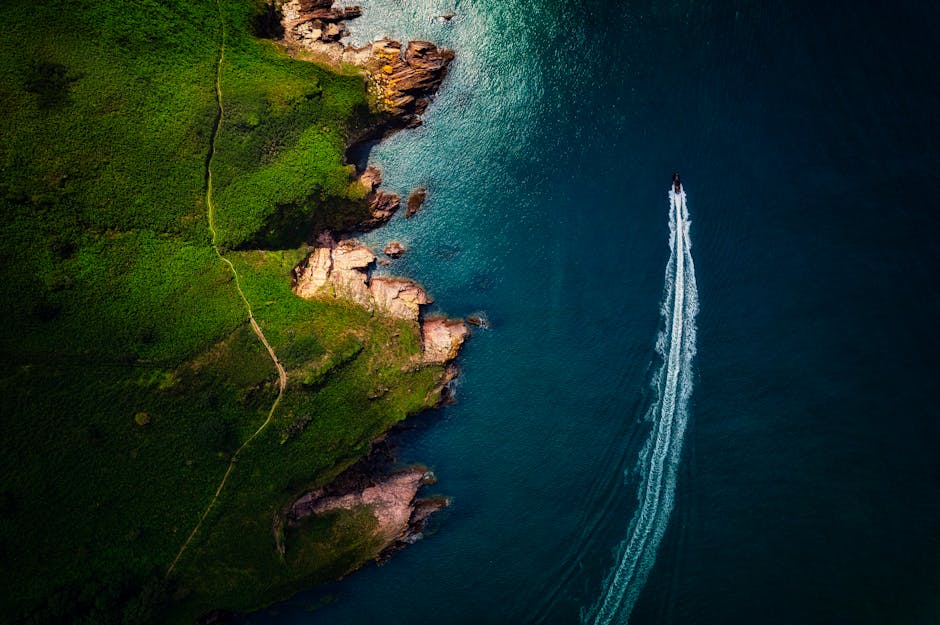 An aerial view of a rugged coastline where lush green grass and dense foliage blanket the land, gradually descending to rocky cliffs with reddish-brown rocks jutting into the blue ocean. A narrow, win